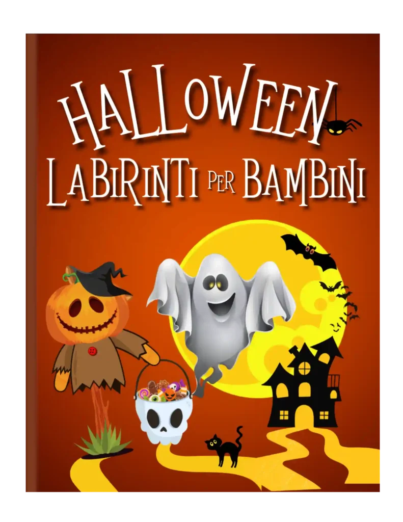 Halloween, labirinti, giochi, attività, bambini, libro per bambini, regalo, 3-6 anni, coordinazione occhio-mano, logica, risoluzione dei problemi, divertimento, fantasmi, mostri, zucche, colorare, disegnare.