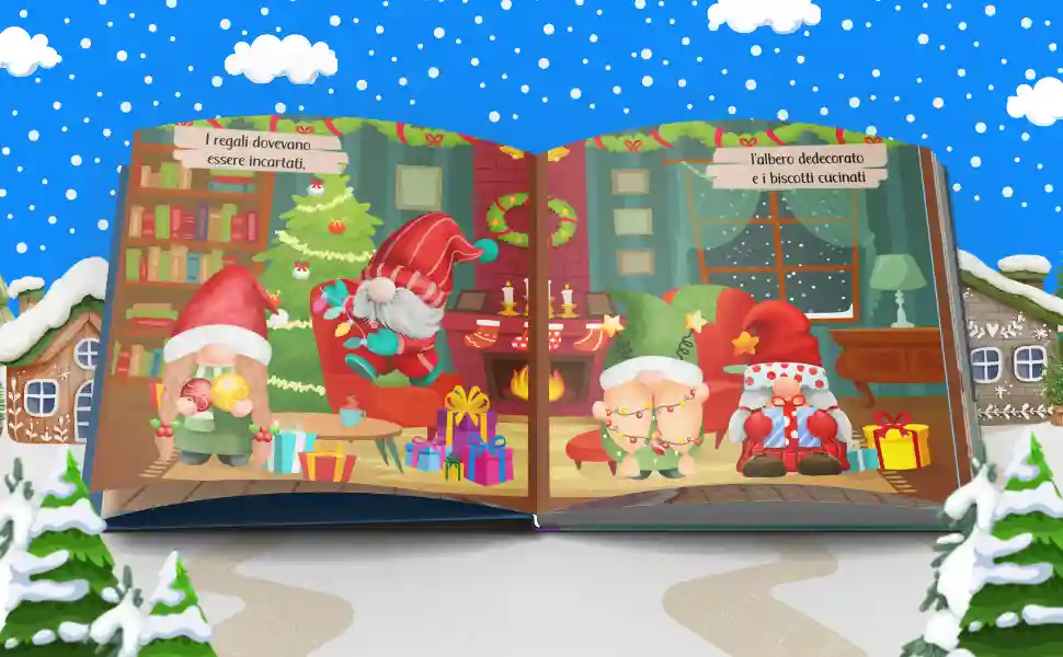 Un'avventura natalizia indimenticabile tra gnomi, Babbo Natale e la sua slitta! libro per bambini, storia d'avventura, amicizia, gnomi, Natale, slitta, Babbo Natale, libro illustrato, coraggio, collaborazione, fantasia.