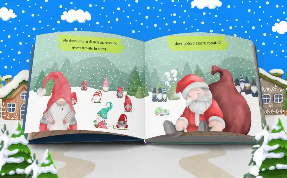 Un'avventura natalizia indimenticabile tra gnomi, Babbo Natale e la sua slitta! libro per bambini, storia d'avventura, amicizia, gnomi, Natale, slitta, Babbo Natale, libro illustrato, coraggio, collaborazione, fantasia.