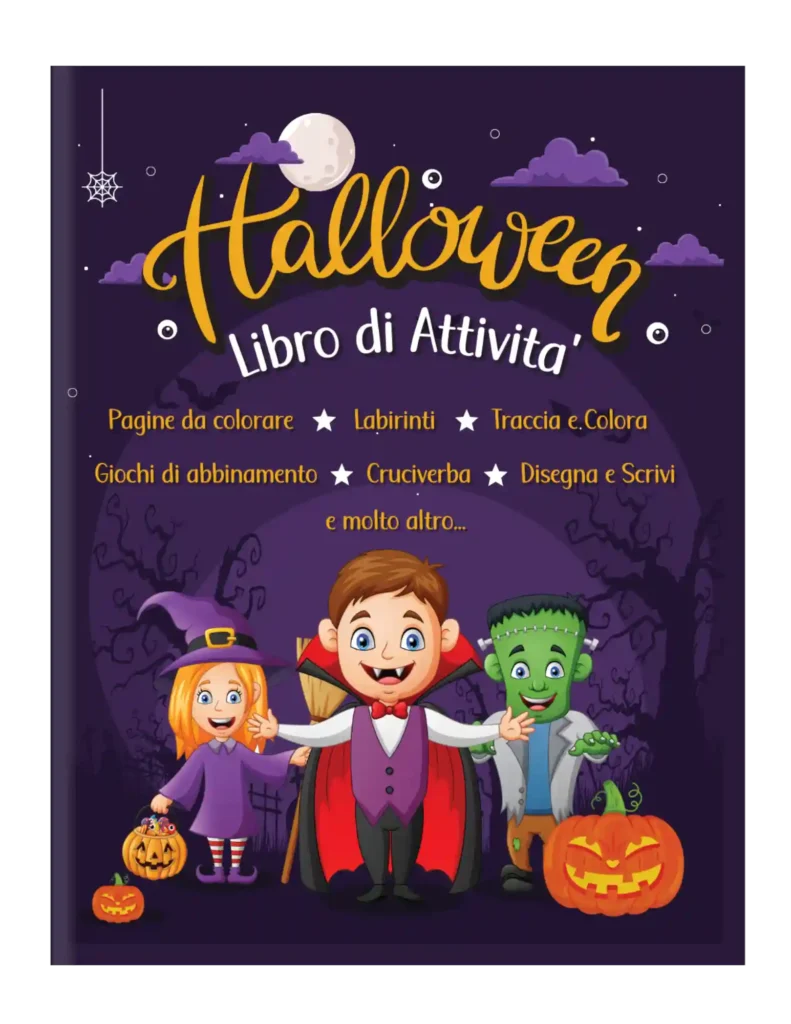 Halloween, labirinti, giochi, attività, bambini, libro per bambini, regalo, 3-6 anni, coordinazione occhio-mano, logica, risoluzione dei problemi, divertimento, fantasmi, mostri, zucche, colorare, disegnare.