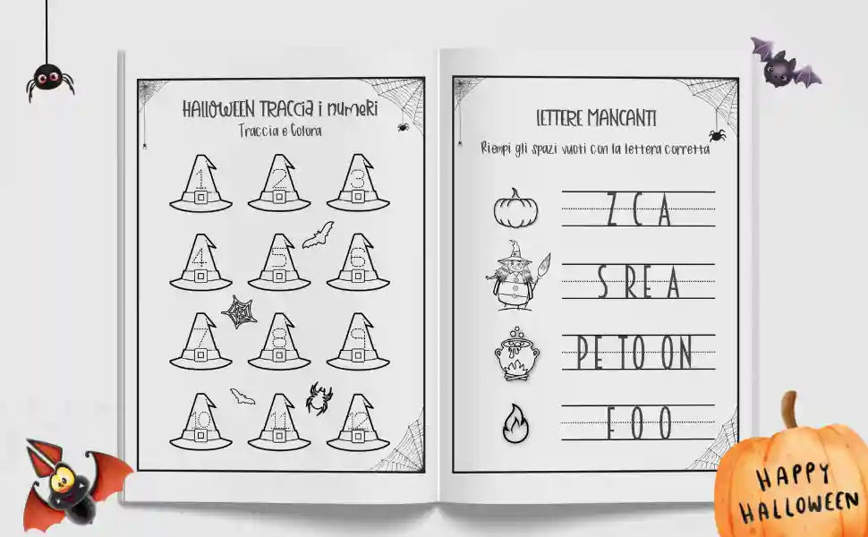 Halloween, labirinti, giochi, attività, bambini, libro per bambini, regalo, 3-6 anni, coordinazione occhio-mano, logica, risoluzione dei problemi, divertimento, fantasmi, mostri, zucche, colorare, disegnare.
