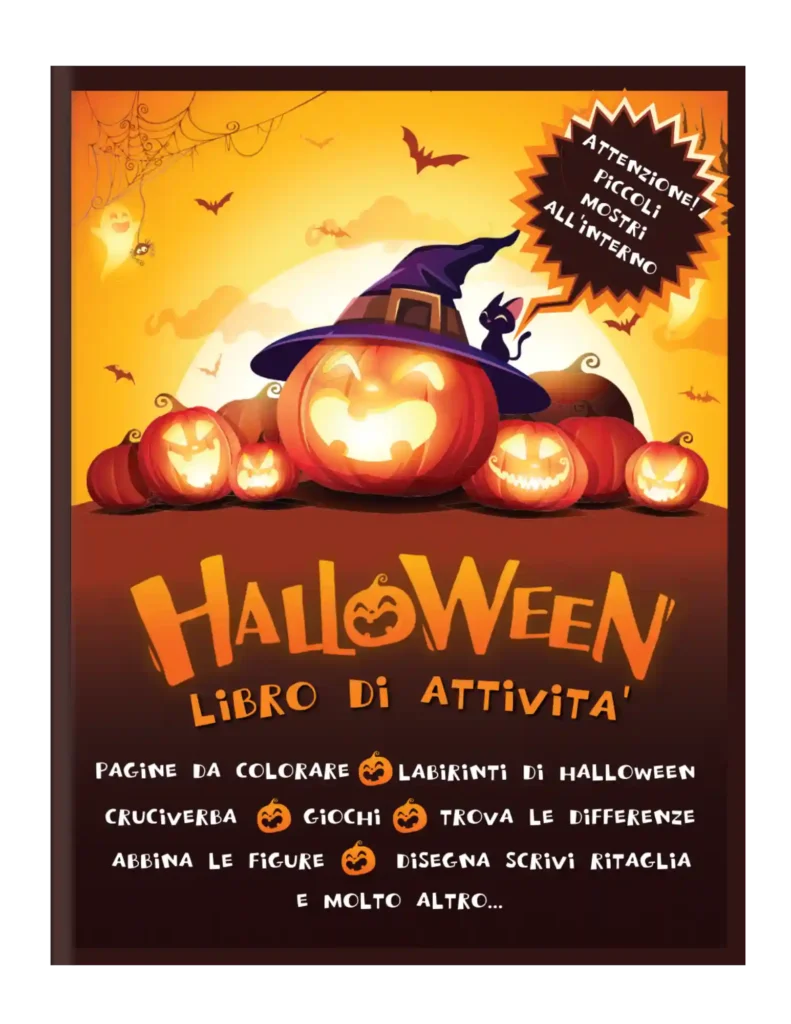 Halloween, labirinti, giochi, attività, bambini, libro per bambini, regalo, 3-6 anni, coordinazione occhio-mano, logica, risoluzione dei problemi, divertimento, fantasmi, mostri, zucche, colorare, disegnare.