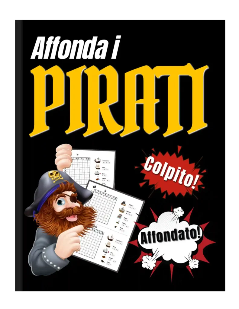 Un Pirata adulto che si divertono a giocare ad "Affonda i Pirati", con la plancia e le navi disposte sul tavolo. Affonda i Pirati, gioco da tavolo, bambini, famiglia, amici, strategia, navi, pirati, battaglia navale, divertimento, regalo, compleanno, Natale.