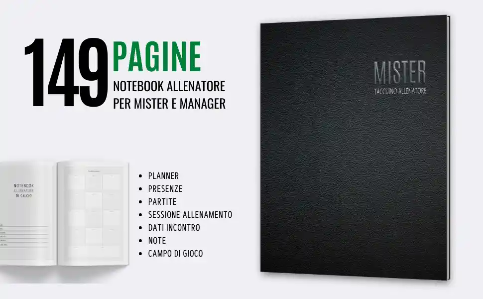 Taccuino Allenatore di Calcio, Planner Calcio, Registro Allenamenti Calcio, Statistiche Calcio, Organizer Calcio, Regalo Calcio, Mister, Allenatore, Manager, Calcio, Sport, Squadra, Partita, Allenamento, Tattiche, Strategie