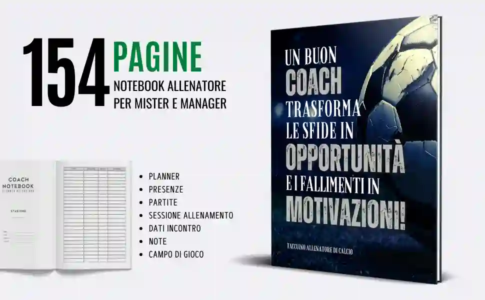 Taccuino Allenatore di Calcio, Planner Calcio, Registro Allenamenti Calcio, Statistiche Calcio, Organizer Calcio, Regalo Calcio, Mister, Allenatore, Manager, Calcio, Sport, Squadra, Partita, Allenamento, Tattiche, Strategie